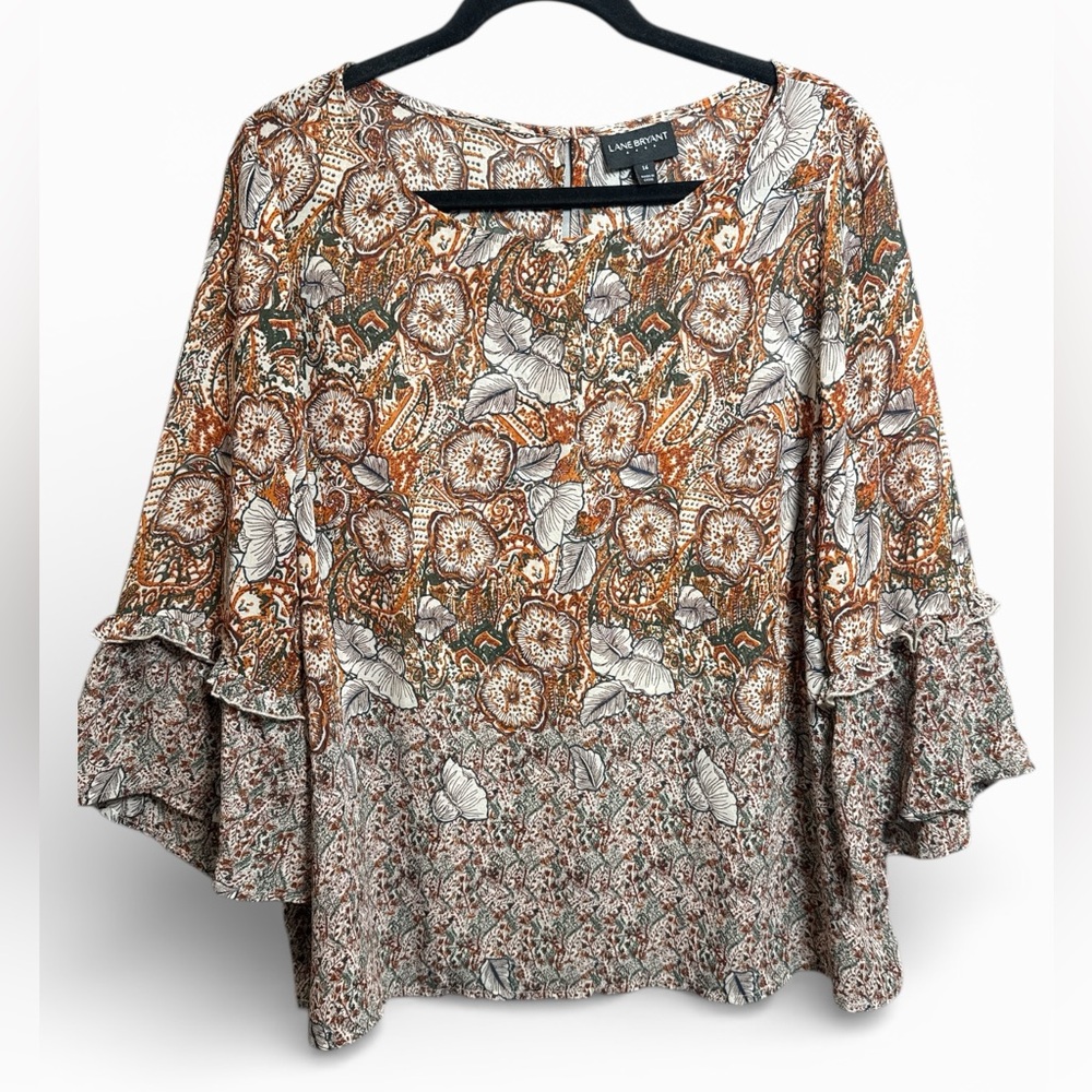 Lane Bryant Floral Boho Blouse Size 16 Plus Ruffle Sleeve Peasant Top